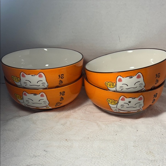 Orange Lucky Cat Dinnerware Set of 4